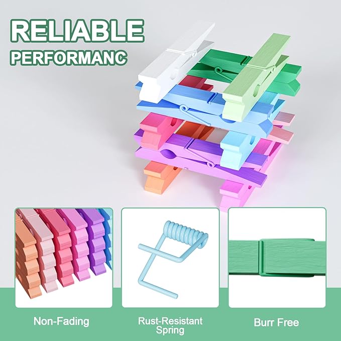 100Pcs Clothes Pins Wooden, 2.9 Inch Light Green Clothespins, Colorful Clothespins for Hanging Clothes Crafts Picture Pastel Laundry Clips Cheer