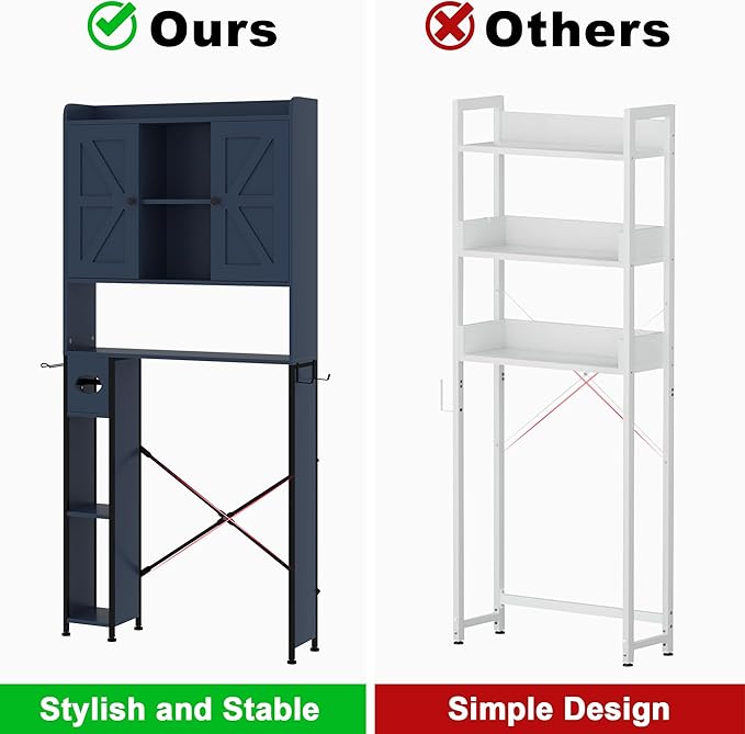 EasyCom Over The Toilet Storage Cabinet with Metal Frame and 7 Storage Shelves, Bathroom Organizer with Adjustable Shelves and Paper Holder, Farmhouse Storage Cabinet for Bathroom, Laundry, Dark Blue