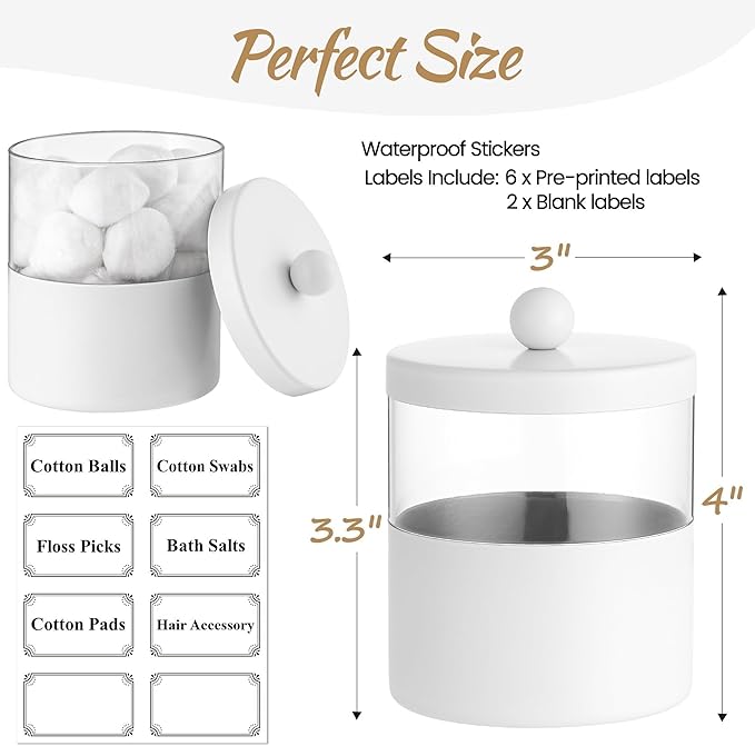 Gaussra White Apothecary Jars, White Qtip Holder - Stainless Steel Bathroom Jar with Stickers - Farmhouse Decor Qtip Dispenser for Qtips, Cotton Balls, Swabs, Makeup Sponges (2-Pack)