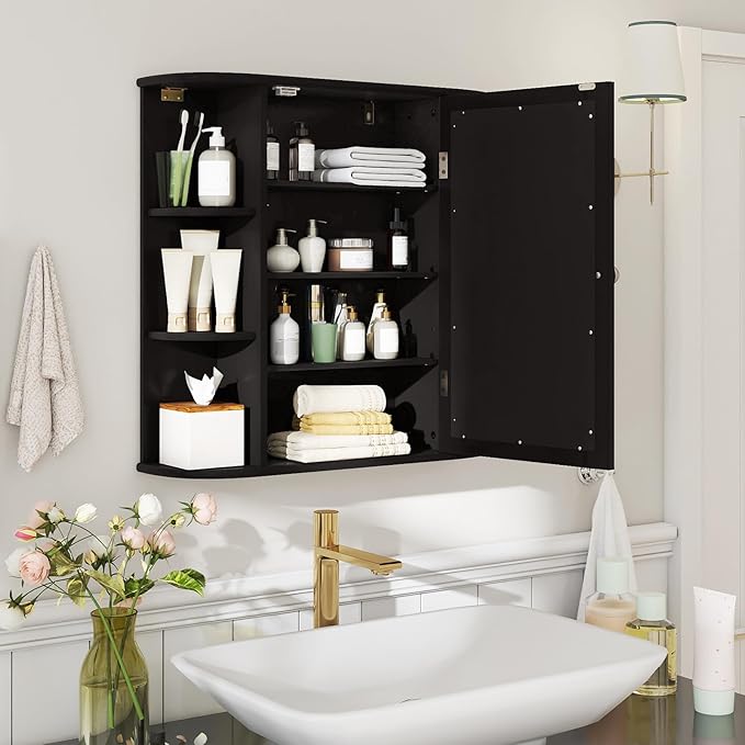 Tangkula Bathroom Medicine Cabinet with Mirror, Modern Wall Mounted Space-Saving Storage Organizer with Mirrored Door, 4 Internal Shelves & 6 Open Side Shelves, Bathroom Wall Cabinet (Black)