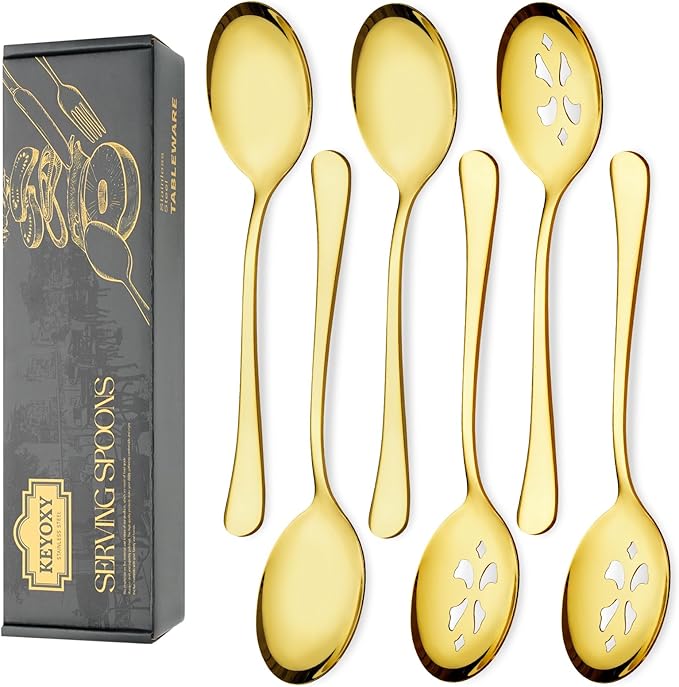 Keyoxy 6 Piece Stainless Steel Serving Spoon Set - 3 Large, 3 Slotted,Dishwasher Safe,10-Inch,for Parties/Kitchen/Buffet/Catering