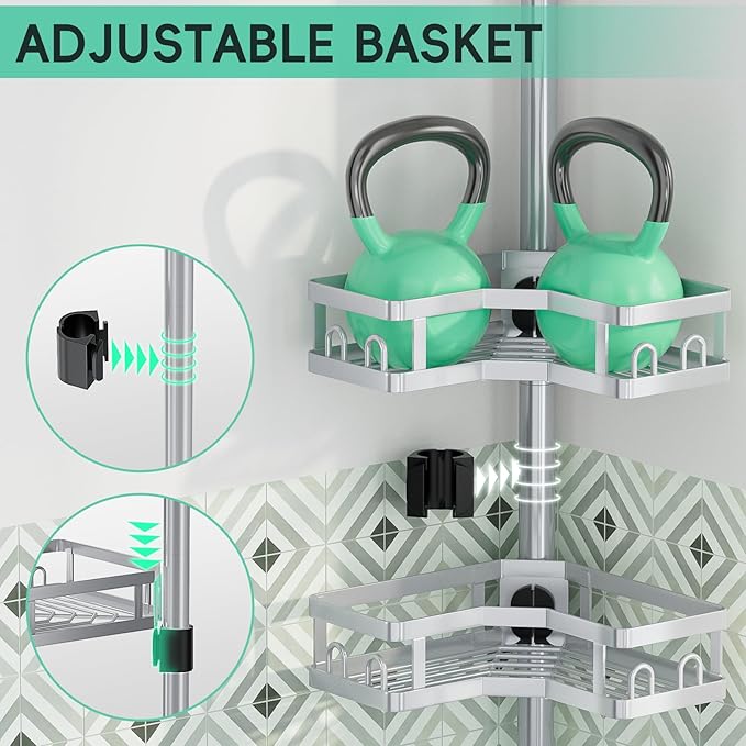 HEVEL Corner Shower Caddy Tension Pole, 4 Tier Adjustable Shower Organizer Corner 62-115 Inch, Rustproof Bathroom Shower Shelves for Bathtub Storage,Silver