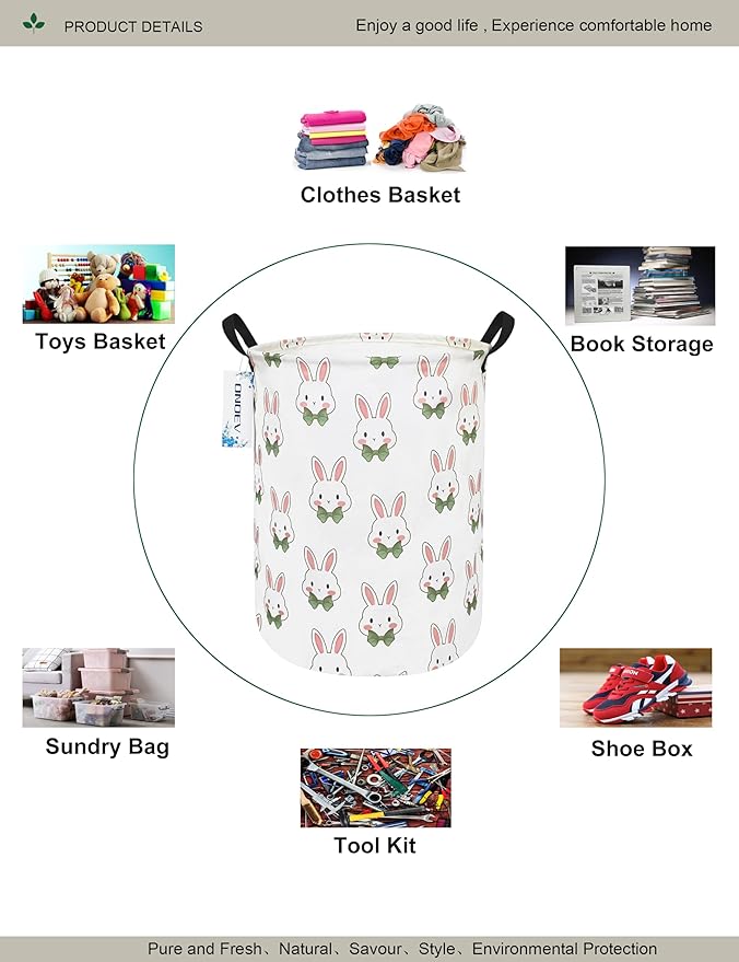 Round waterproof laundry basket,foldable storage basket,laundry Hampers with handle,gift basket,suitable for children's room and toy storage (Rabbit)