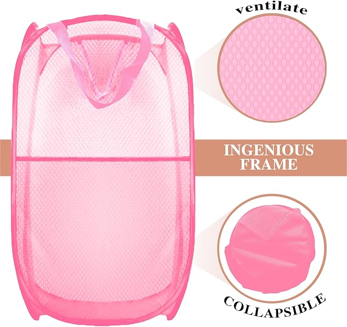 Collapsible Pop Up Laundry Hamper, Extra Large Mesh Foldable Laundry Basket, 28" x 16" x 16"(Pink)