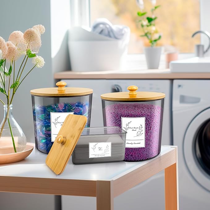3 Pack Plastic Laundry Powder Container & Dryer Sheet Holder with Lids, Labels & Scoops - Laundry Detergent Organizer and Storage Jars for Pods,Beads, Soap, Scent Booster (Clear Grey)