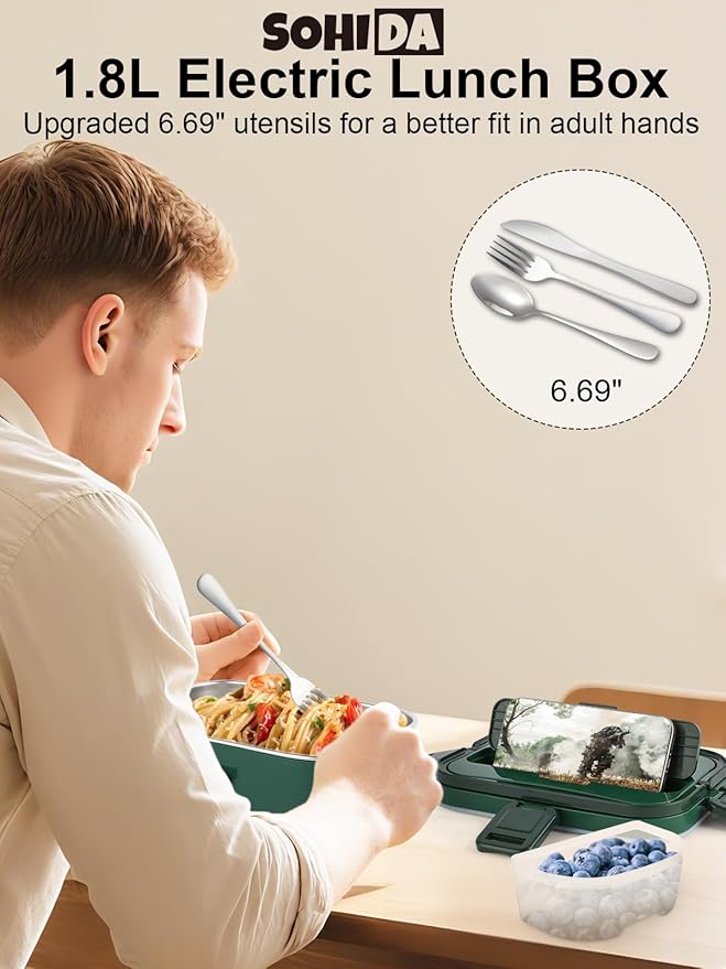 1.8L Heated Lunch Box, 80W Electric Lunch Box with Long-handled Utensils for Adults, 12V/24V/110V Lonchera Eléctrica Portátil, Portable Food Warmer for Car/Truck/Office (Green)