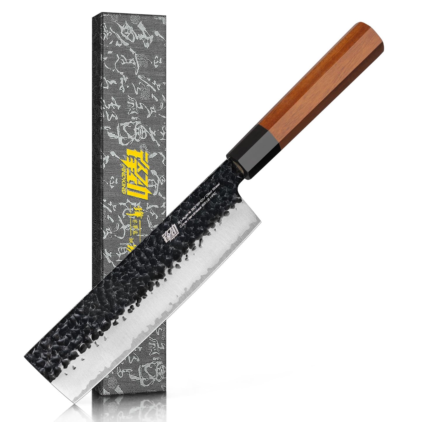 FINDKING Serbian Chef Knife with Leather Sheath, 6.5 Inch High Carbon Steel Cleaver Knife, Hammered Blade, Octagonal Handle, for Meat, Vegetables, Poultry and Light Bones, Dynasty Series