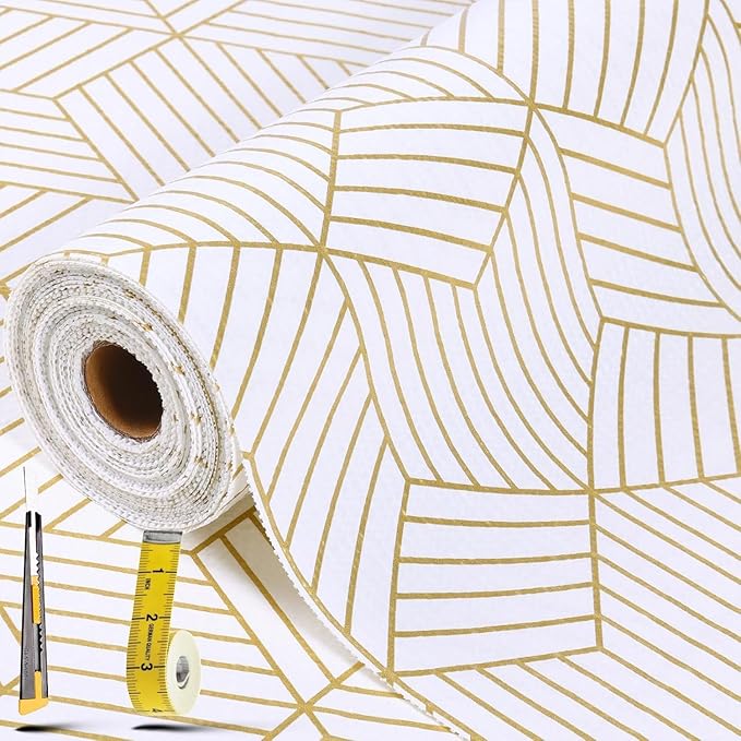 Shelf Liners for Kitchen Cabinets 17in x 40FT, Non Adhesive Cabinet Liner Strong Non-Slip Thickened Gold Geometric Drawer Liner, Easy to Clean for Shelf, Cabinet with Knife and Tape Measure
