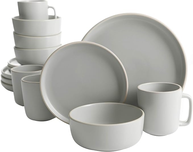 Gibson Home Zuma 16 Piece Round Kitchen Dinnerware Set, Dishes, Plates, Bowls, Mugs, Service for 4, Matte Stoneware, Grey, Gray