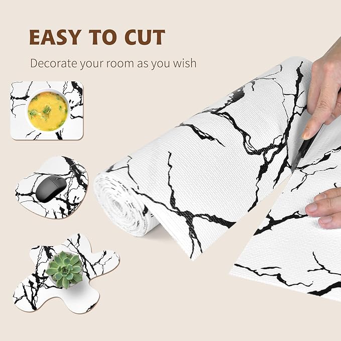 2-Layer Drawer and Shelf Liner for Kitchen Cabinet: 12 in X 20 Ft Non Slip Waterproof Shelf Paper Non Adhesive Refrigerator Liners White/Black Marble Easy Liners for Bathroom with Knife Tape Measure
