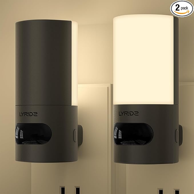 Lyridz Plug-in LED Amber Night Light with Motion Sensor, Rotatable, Dimmable Backlit Nightlight, 1-150lm Adjustable Brightness for Bathroom, Bedroom, Hallway, Stairs, 2 Pack