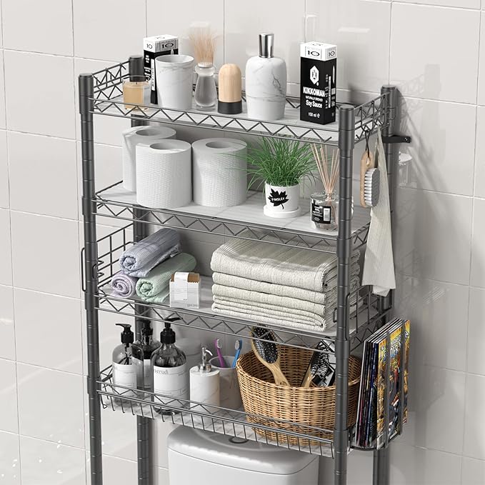 4-Tier Over The Toilet Storage, Adjustable Over Toilet Bathroom Organizer Rack, Freestanding Bathroom Shelves Above Toilet Storage, Sturdy Bathroom Space Saver with Basket and Shelves, Gray