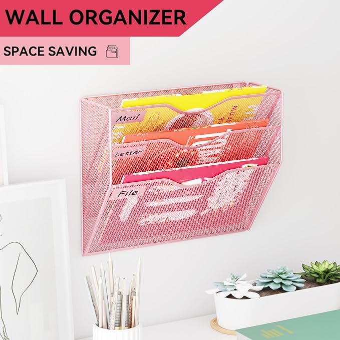 3 Pockets Hanging Wall File Organizer Mail Holder, Wall Mounted Paper Document Folder Holder, Clipboard Storage Organization Magazine Rack, Pink