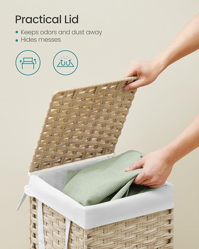 SONGMICS Laundry Hamper with Lid, 17.2 Gallon (65L) Synthetic Rattan Clothes Laundry Basket with Lid and Handles, Foldable, Removable Liner, Summer Sand ULCB165LZ01
