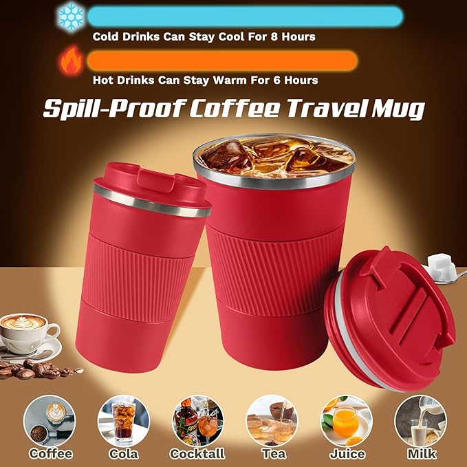 Vacuum-Insulated Stainless Steel Travel Coffee Mug, Leak-Proof Reusable Coffee Cup with Lid - Keep Hot & Cold Drinks for Hours, Durable Insulated Tumbler for Men & Women(3rd-Red, 12OZ)