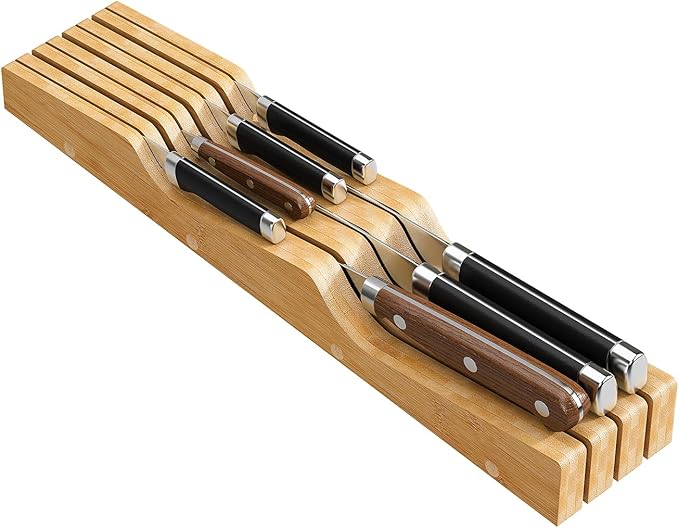 Bamboo In-Drawer Knife Block for 19 Knives(Not Included), Knife Drawer Organizer,Knife Holder Countertop,Block Knife Storage Organizer for Kitchen