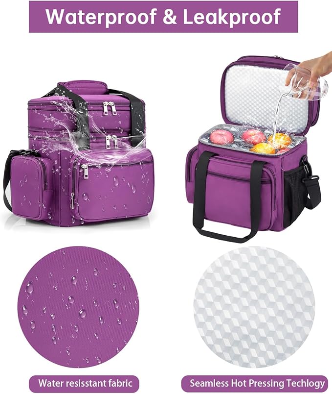 Expandable Insulated Lunch Box, Large Lightweight Lunch Cooler Bag Leakproof Lunch Pail for Women Adults Work Office Outdoor Picnic Trips,16L,Purple