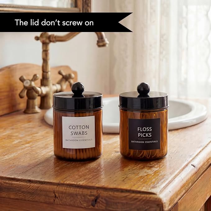 Amolliar Amber Glass Qtip Holder, Apothecary Jars with Black Plastic Lid & Stickers-Bathroom Qtip Dispenser Storage Organizer Set, Vanity Counter Cantainer for Cotton Swabs,Round Floss (2 Pack)
