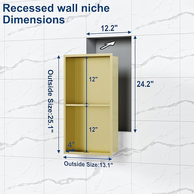 Neodrain Shower Niche Double Shelf Stainless Steel No Tile Needed Bathroom Niches Recessed in Wall, 2-Tier Recessed Wall Niche Waterproof Cubby(12X24Inch Golden)