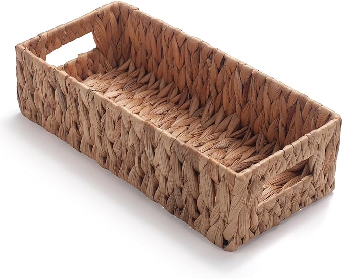 Toilet Paper Basket for Back of Toilet Water Hyacinth Long Narrow Wicker Bathroom Storage Basket with Built-in Handles 14.2 x 6.5 x 3.7 inch