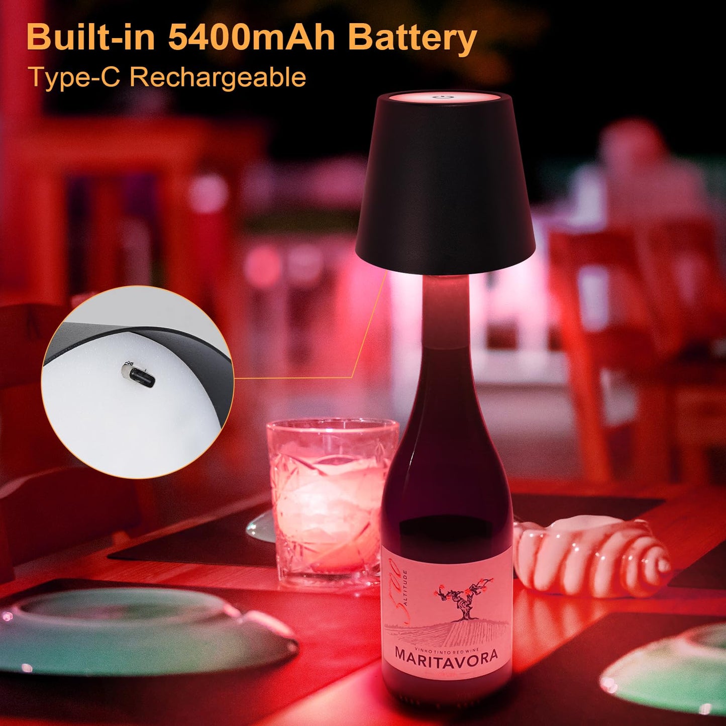 DUSKTEC Wireless Wine Bottle Lampshade, 8 RGB Light Modes, Light Temperature 3000-6500K, Rechargeable Touch Wine Bottle Lamp, Portable Wireless Bottle Lamp, Bar Lights, Party, Gift (Black, 2PCS)