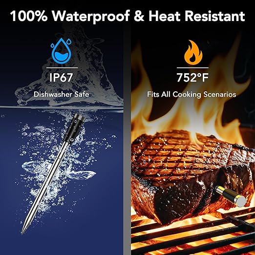 Wireless Meat Thermometer Bluetooth with Digital Standalone Base, WiFi Unlimited Range, 6 Precision Sensor, IP67 Waterproof and Heat Resistant, Kitchen Essentials for Oven BBQ Grilling and Smoking