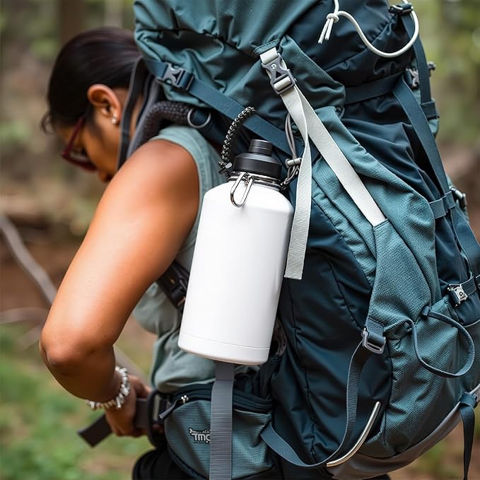 Gallon Water Bottle with 2 Lids (Straw & Spout), 304 Stainless Steel Water Jug with Handle and Wide Mouth, 1 Gallon Vacuum Double Walled Jug for Sports, Outdoors, Leak-Proof, White 128 oz