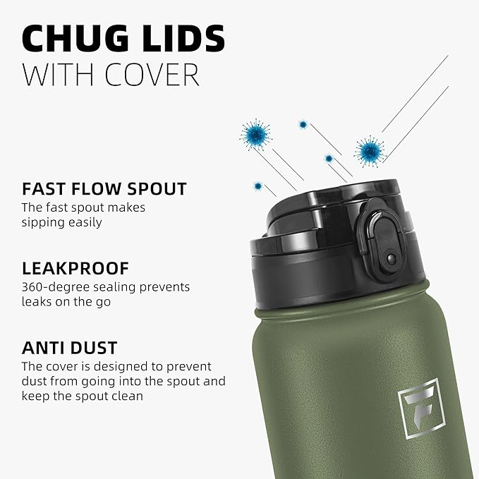 Fanhaw 20 oz Insulated Stainless Steel Water Bottle with Anti-Dust Chug Lid, Leakproof Vacuum Metal Bottle for Kids, Women & Men (Olive Green)