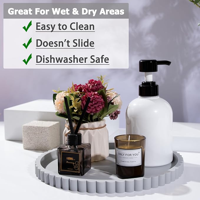 Silicone Bathroom Countertop and Vanity Tray-10 Inch Round Silicone Bathroom Tray, Modern Bathroom Decor, Coffee Table Decor, Decorative Tray for Candle, Perfume, Plants (Grey)