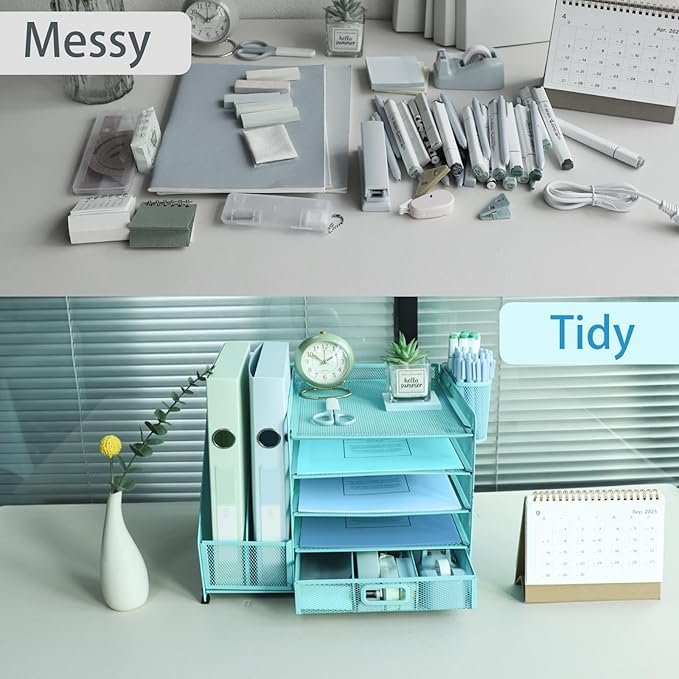 Desk Organiser File Holder With 2 Pen Holder, 5 Tier Paper Letter Tray Organiser with Drawer,Mesh Desktop Storage with Magazine Holder for Office Supplies, Sky Blue