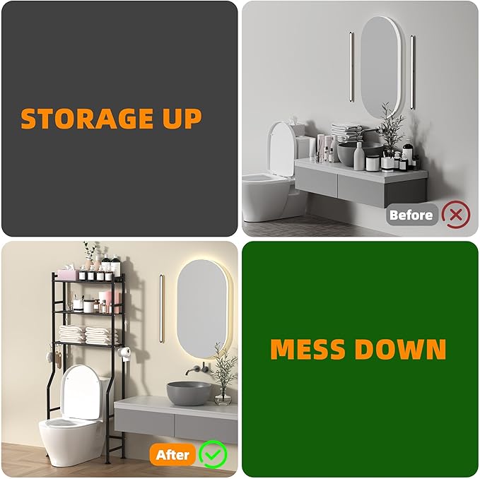 3-Tier Over The Toilet Storage, Space Saver Metal Bathroom Shelves, Freestanding Above Over Toilet Storage Shelf with 4 Hooks for Bathroom, Black