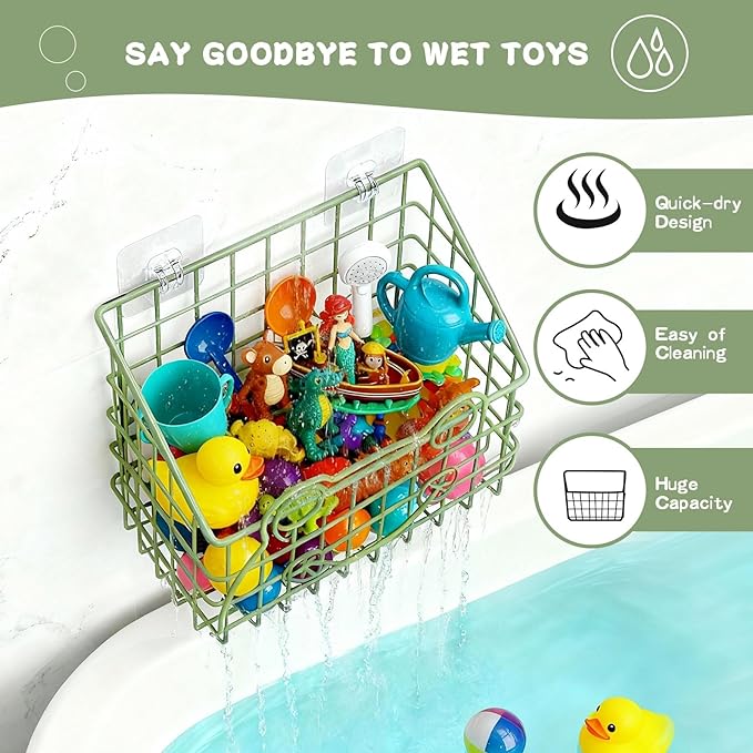 2 PackBath Toy Organizer, Wall Mounted Shower Storage Basket - Metal Bathtub Toy Holder with Hooks for Sorting Kids Toys, Baby Bath Accessories, Toiletries & Shampoo（Green frog）