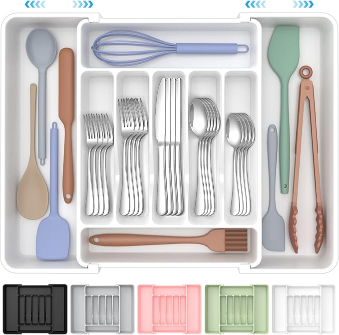 Extra Large Expandable Silverware Organizer, BPA-Free Food-Safe Cutlery Flatware Organizer, Kitchen Utensil Drawer Organizer, Adjustable Silverware Holder for Spoons Forks Knives, White