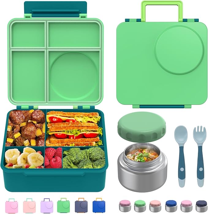 JoyYum Bento Box for Kids - Leak-Proof Bento Lunch Box with Insulated Thermo Food Jar - 4 Compartments, 1 Removable Divider, 1 Spoon, 1 Fork - Dishwasher Safe, BPA-Free (Light pink)