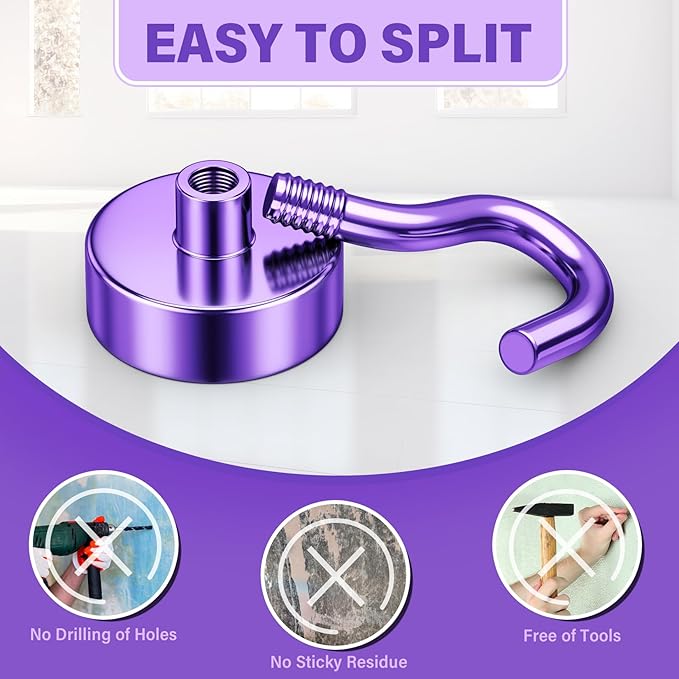 Magnetic Hooks, 25lbs Magnets with Hook, 8 Pack Magnet Hooks for Hanging, Heavy Duty Magnetic Hook for Cruise, Grill, Home, Refrigerator, Lock Accessories, Purple