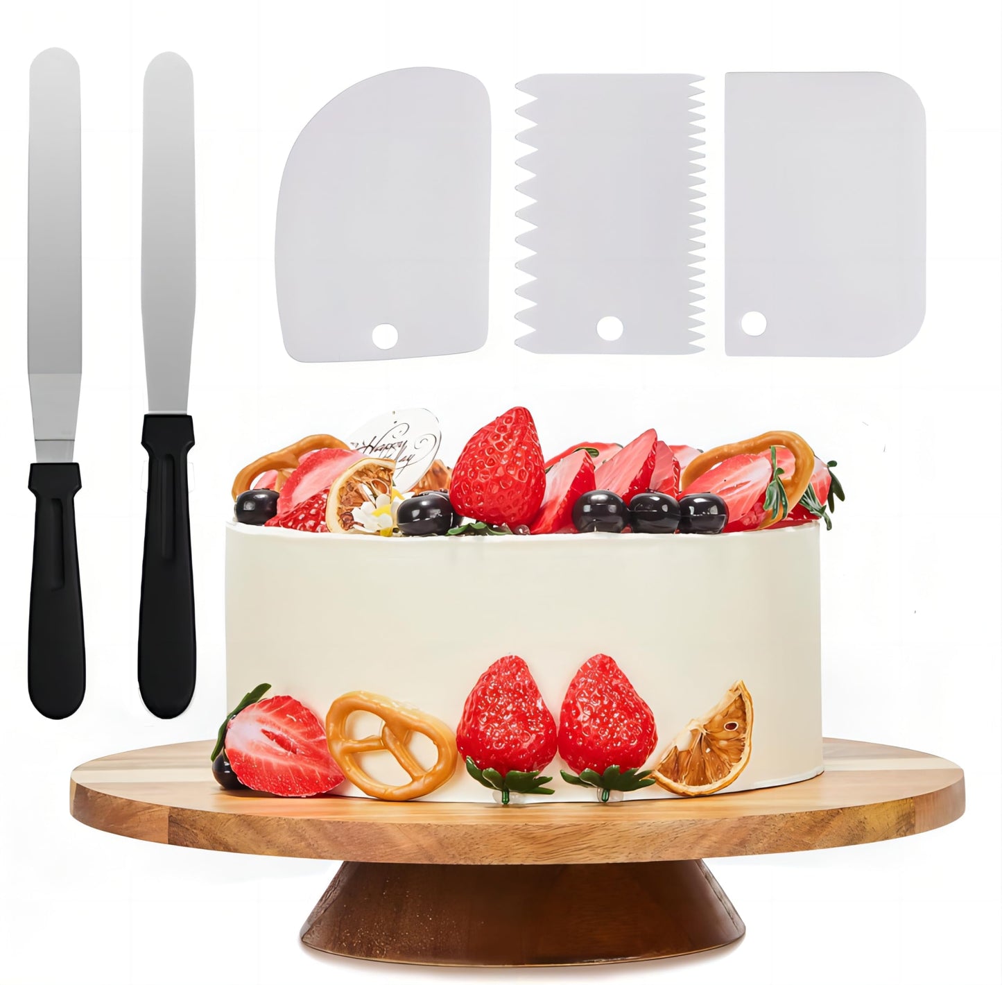 GOVOKOI 12" Acacia Wood Revolving Cake Stand, 2" High Turntable for Cake