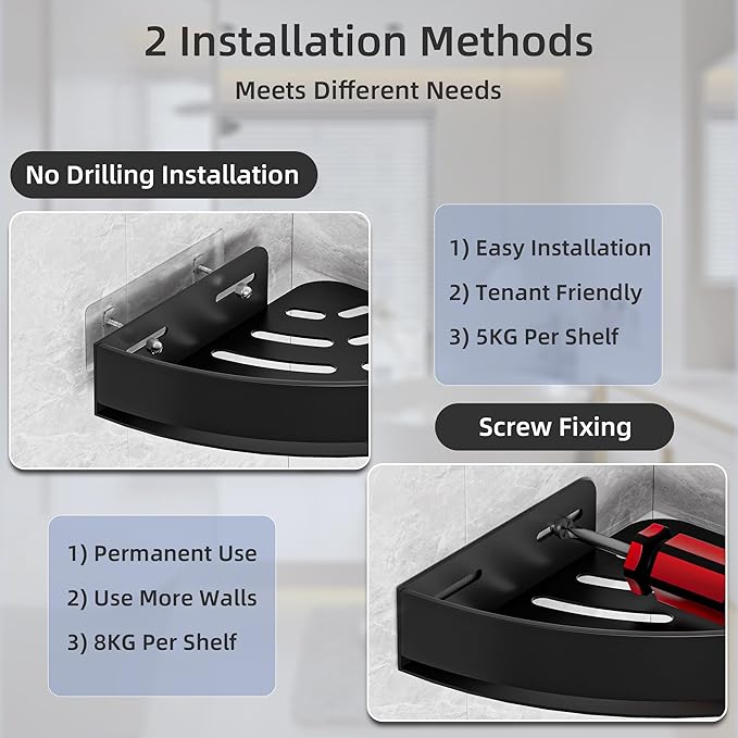 Black Corner Shower Caddy - Rustproof Aluminium Triangle Shower Shelf - No Drill & Drill Installation - 2 Bathroom Shelves Wall Mounted (20LB Capacity/Tier)