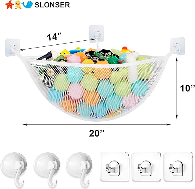 Bath Toy Holder Corner, Kids Bath Toy Net for Tub, Bathtub Holder Basket, Storage Bin Hammock Organizer, Shower Caddy Hanging Mesh Bag, Baby Bathroom Storage with 3 Suction Cups 3 Adhesive Wall Hooks