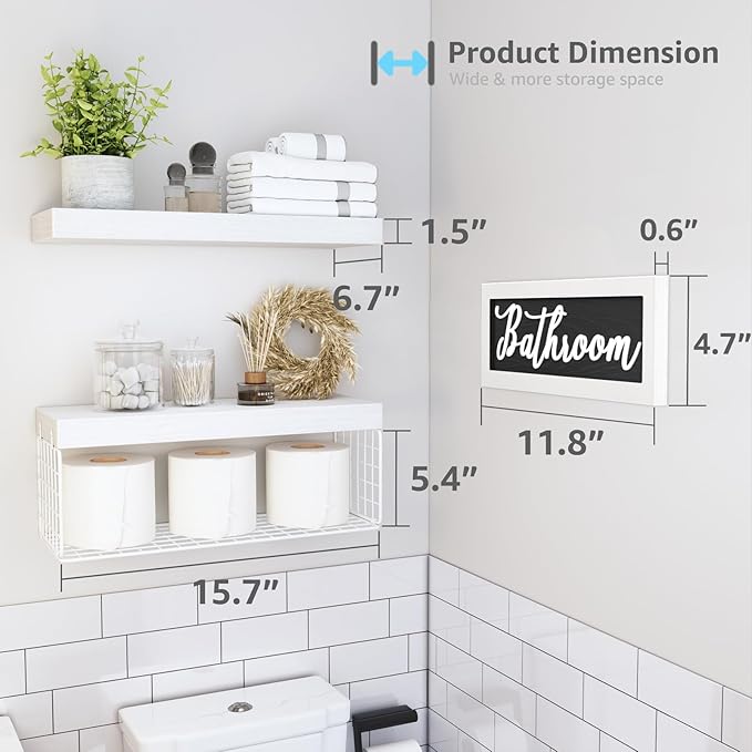 QEEIG ‎Bathroom Shelves Over Toilet - Paper Storage Wall Mounted Farmhouse Decor Decorations Aesthetic Décor Sign Small Floating Shelf 2+1 Set 16 inch, White (020WW)