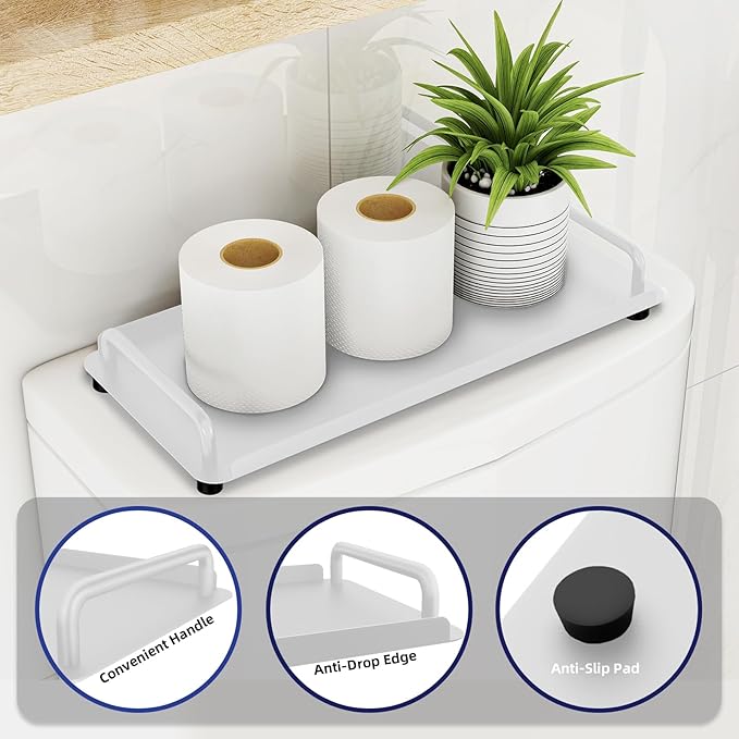 Toilet Tank Tray with Handle, Bathroom Vanity Tray for Bathroom, Kitchen (White)