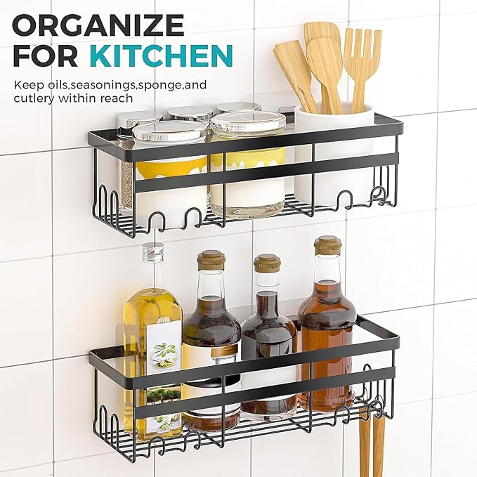HomeHacks Shower Caddy, No Drilling Rustproof Organizer with Save Space Hooks, Apartment Essentials for Bathroom, Kitchen & Living Room, Shelf for Inside Shower, 2-Pack