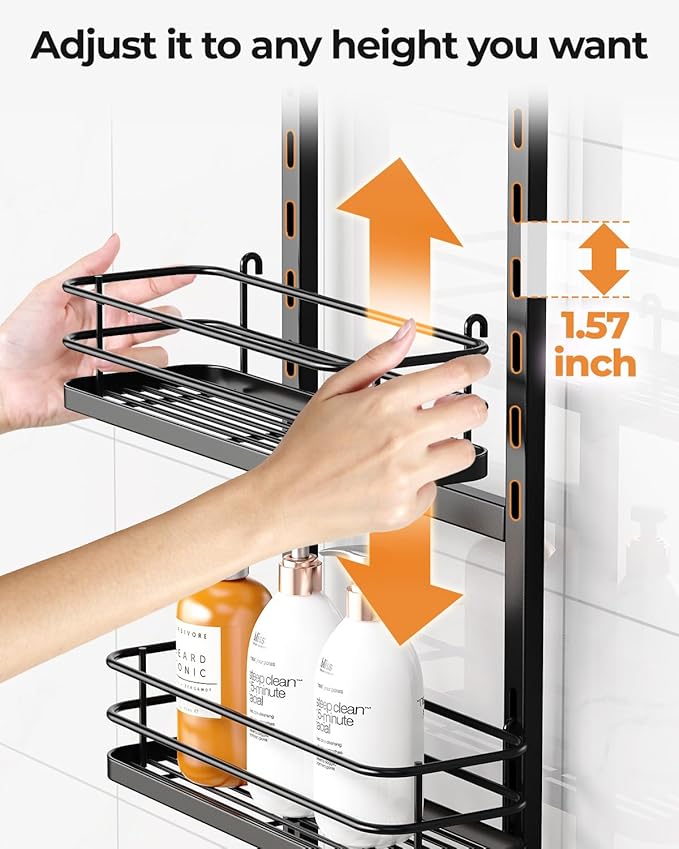 ODesign 4 Tier Height-Adjustable Shower Caddy Hanging Anti-Swing-Over The Shower Head Caddy-Sho wer Storage Organizer Bathroom Shelves Basket Caddies-Black