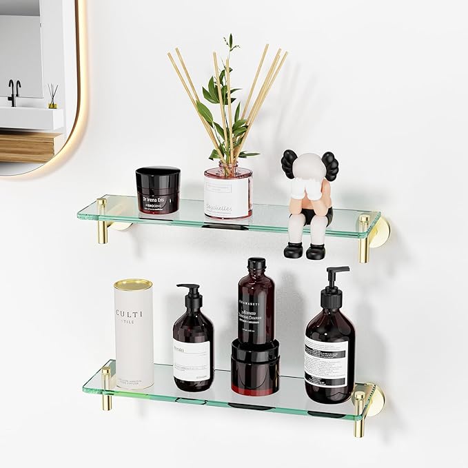 Glass Shelves for Bathroom,16-Inch Brushed Gold Floating Bathroom Shelf Stainless Steel Tempered Glass Shelf Modern Shelves Wall Mounted