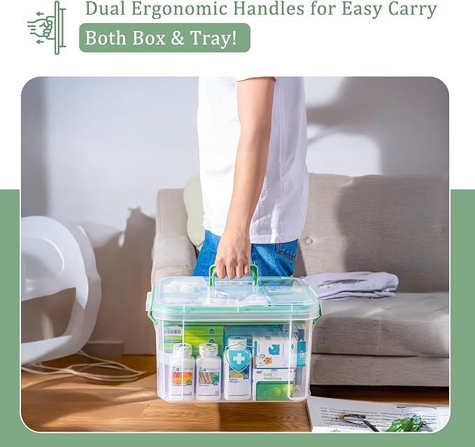 15QT Clear Medicine Organizer Box with Handle, Plastic Medicine Container with Tray First Aid Box Empty, Thickened Medicine Storage Organizer Multipurpose Medication Organizer Storage