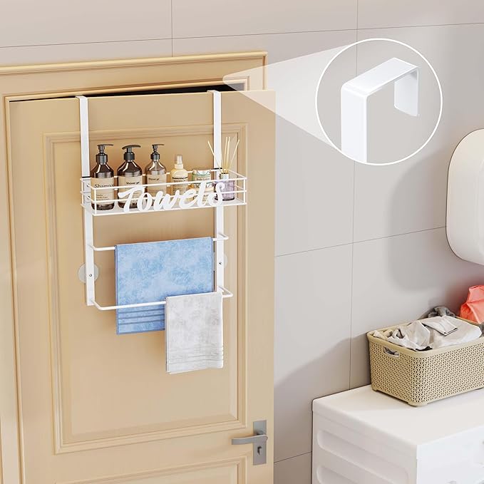 SWTYMIKI SWTYMIKI Over The Door Towel Racks for Bathroom - 5-Tier Wall Mounted Bathroom Towel Storage Organizer Holder with Metal Shelf (3 Tier-White)