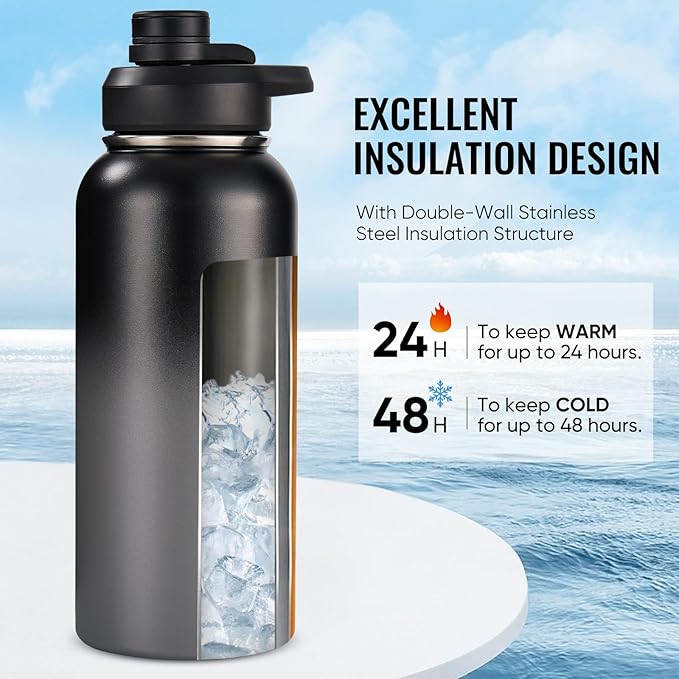 32 oz Insulated Water Bottle with Handle, 304 Stainless Steel Water Bottles with Wide Mouth, Double Wall Vacuum Sports Water Bottle, BPA Free, Keep Cold and Hot, Black/Gray