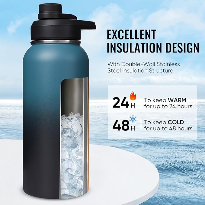 32 oz Insulated Water Bottle with Handle, 304 Stainless Steel Water Bottles with Wide Mouth, Double Wall Vacuum Sports Water Bottle, BPA Free, Keep Cold and Hot, Blue&Black