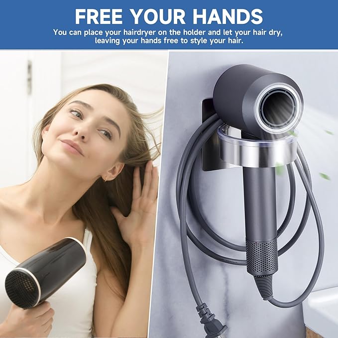 Hair Dryer Holder Wall Mounted, Blow Dryer Holder, Hair Tool Organizer for Hair Dryer Storage Hanger, Adhesive Hairdryer Holder for Bathroom Barber Shop (Silver)