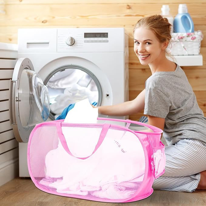 Durable Collapsible Laundry Baskets, Mesh Pop Up Laundry Hamper with Side Pocket, Foldable Clothes Storage Hamper with Reinforced Carry Handles for Laundry, Bathroom, Kids Room, Dorm or Travel Pink