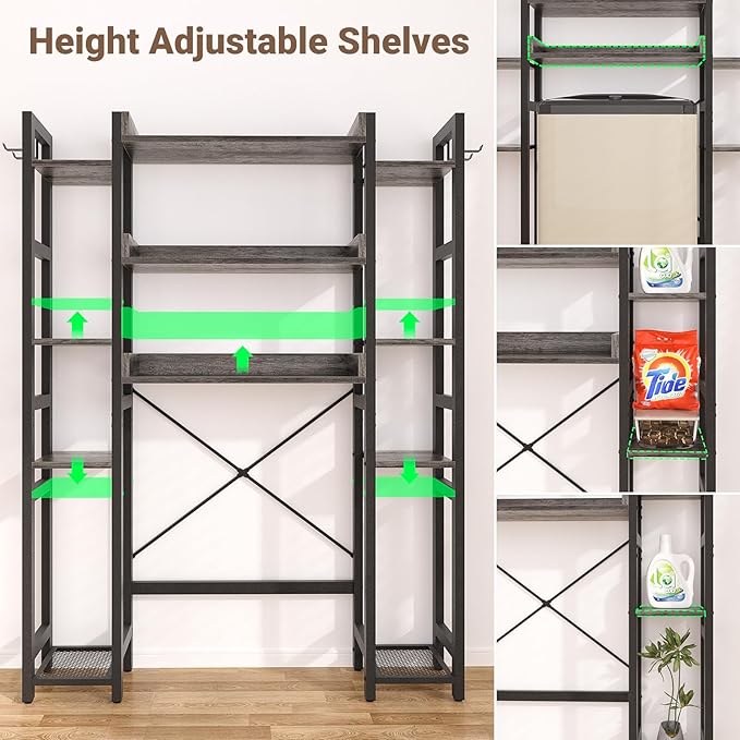Over The Toilet Storage with 2 Drawers - 11 Tier Bathroom Organizer Freestanding Space Saver Storage Rack with Adjustable Shelf Above Toilet Stand with 4 Hooks for Restroom, Laundry, Grey Oak